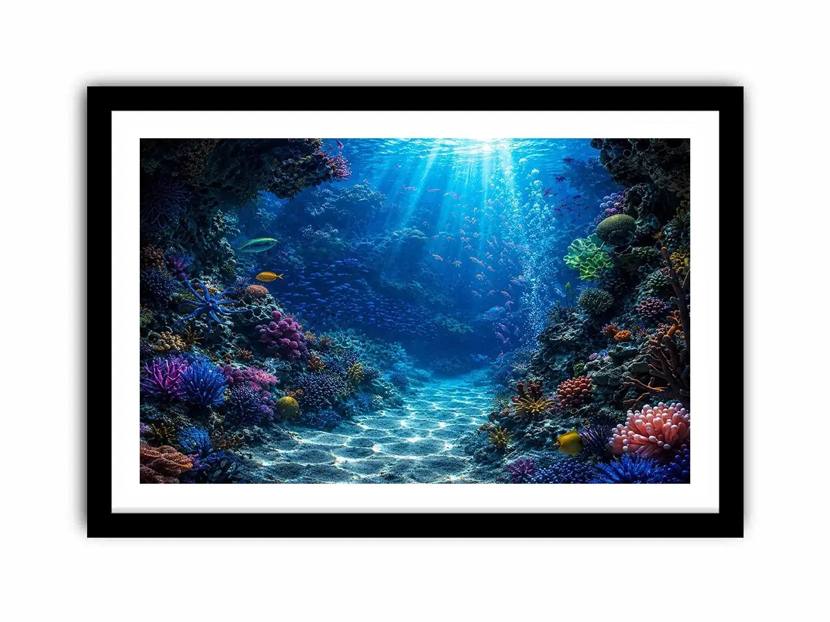 Colorful coral reef wall art for coastal bedroom and beach house decor.