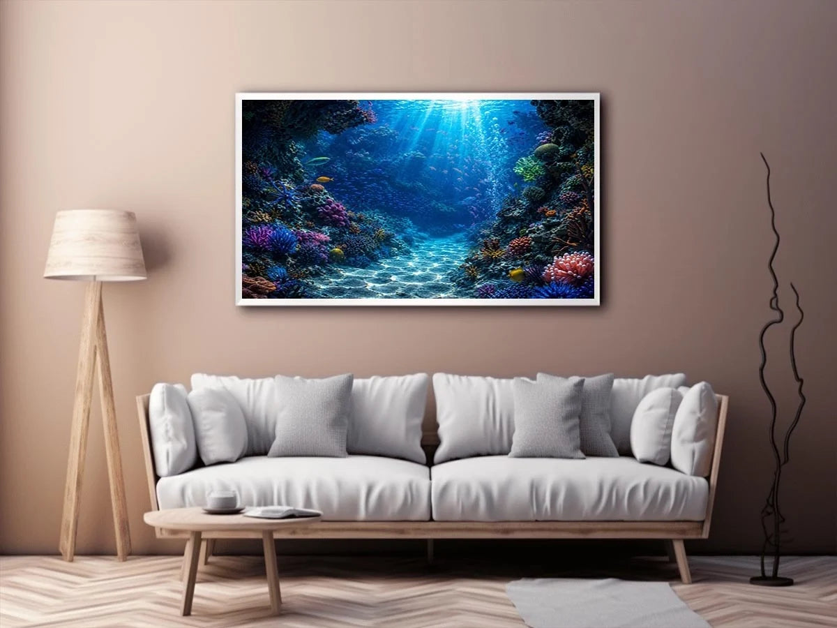 Colorful coral reef wall art for coastal bedroom and beach house decor.