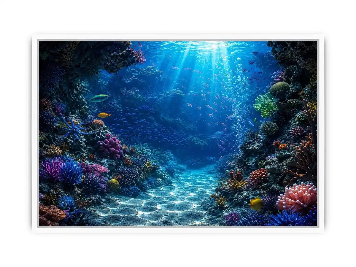 Colorful coral reef wall art for coastal bedroom and beach house decor.