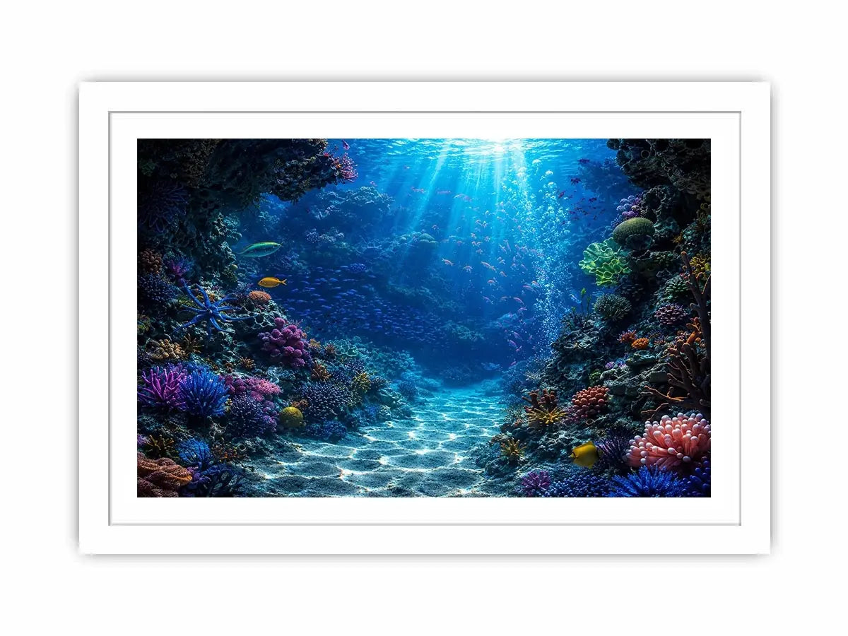 Colorful coral reef wall art for coastal bedroom and beach house decor.