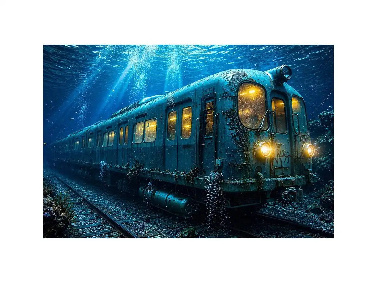 Underwater train canvas print for industrial loft and modern office decor.