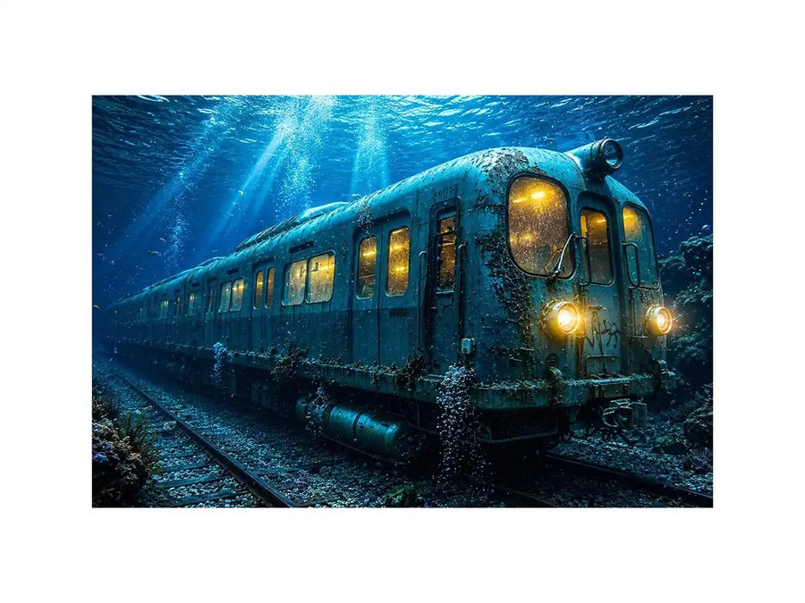 Underwater train canvas print for industrial loft and modern office decor.