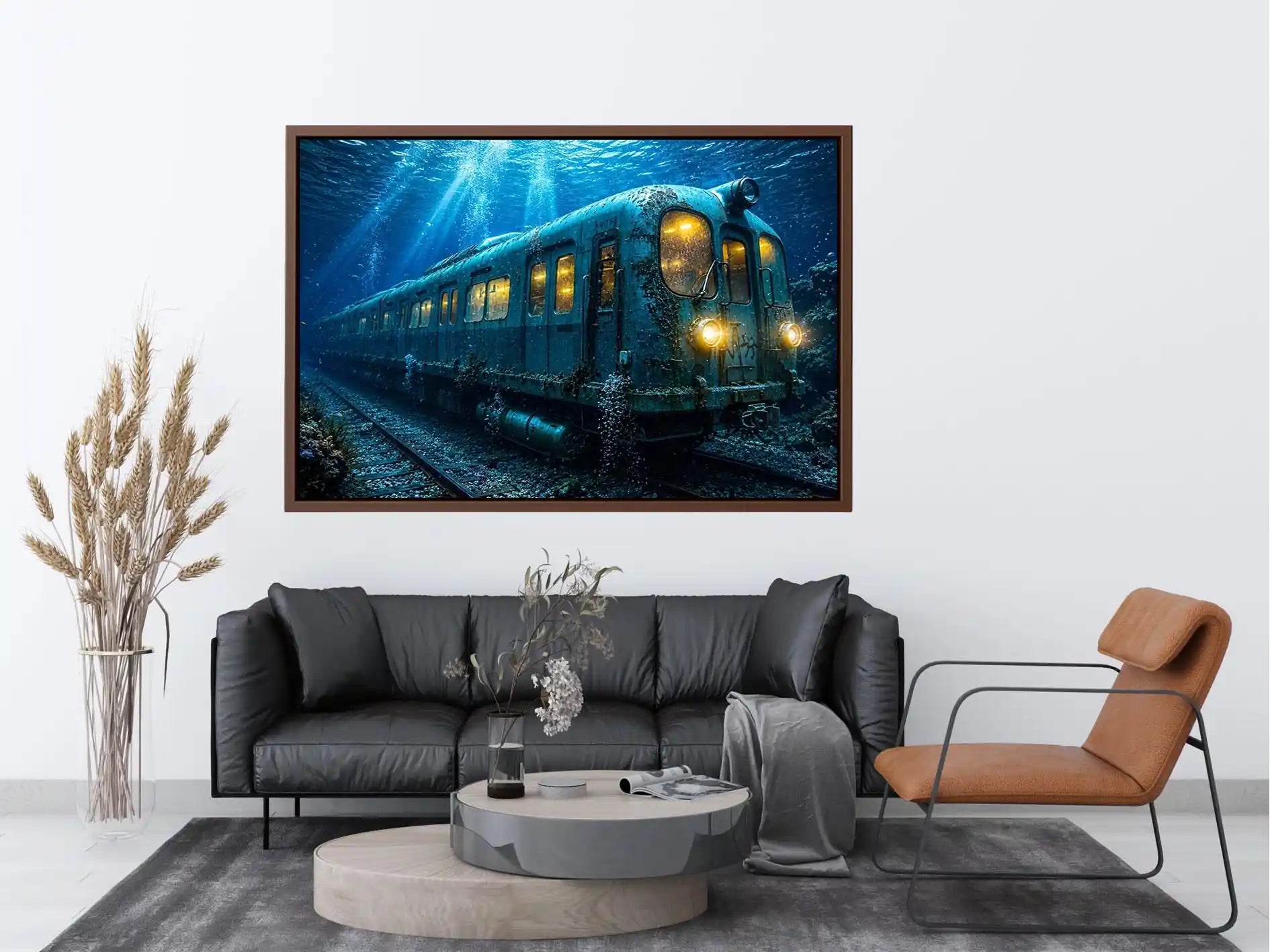 Underwater train canvas print for industrial loft and modern office decor.