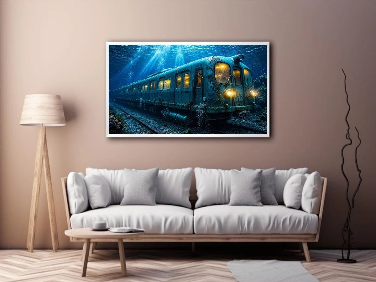 Underwater train canvas print for industrial loft and modern office decor.