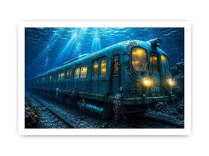 Underwater train canvas print for industrial loft and modern office decor.