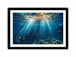 Ocean sunlight canvas art with fish for calm coastal bedroom decor.