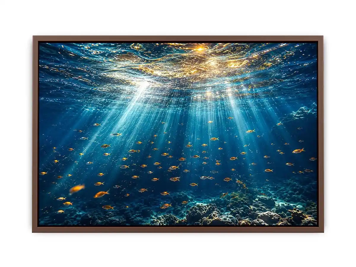 Ocean sunlight canvas art with fish for calm coastal bedroom decor.