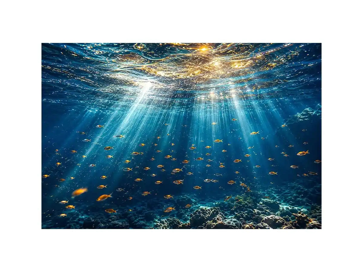 Ocean sunlight canvas art with fish for calm coastal bedroom decor.