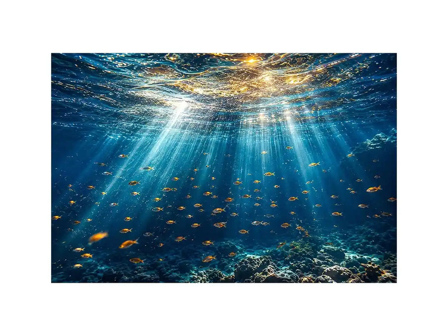 Ocean sunlight canvas art with fish for calm coastal bedroom decor.