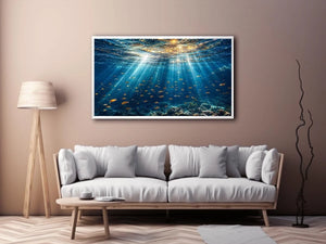 Ocean sunlight canvas art with fish for calm coastal bedroom decor.