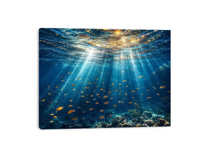 Ocean sunlight canvas art with fish for calm coastal bedroom decor.