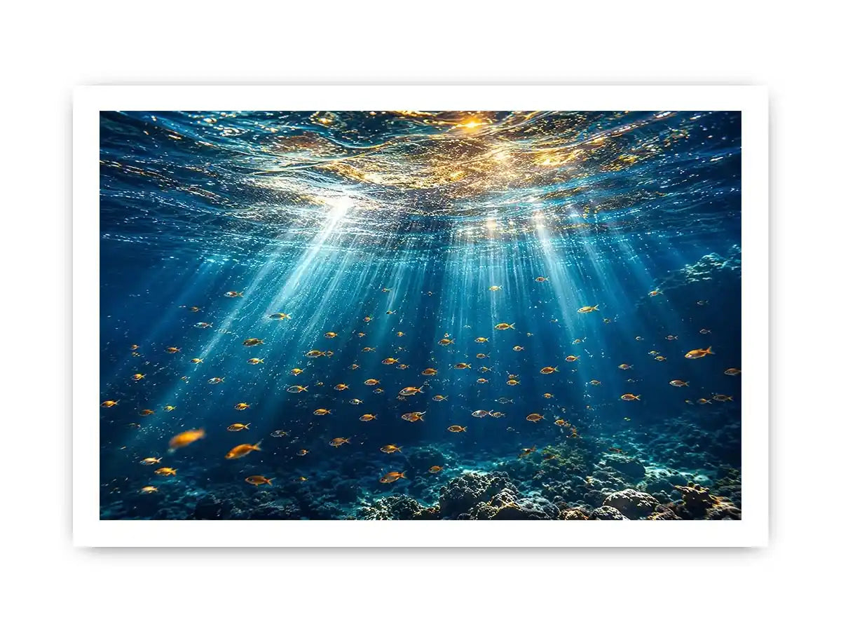 Ocean sunlight canvas art with fish for calm coastal bedroom decor.