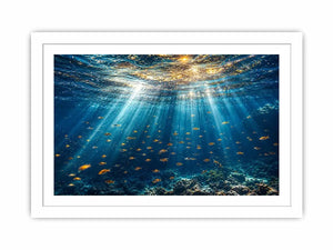 Ocean sunlight canvas art with fish for calm coastal bedroom decor.