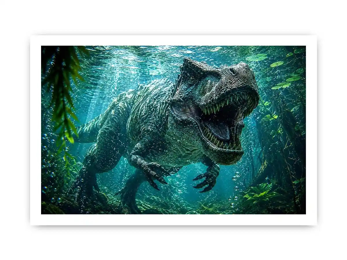 Underwater dinosaur wall art for bold kids room and gaming decor.