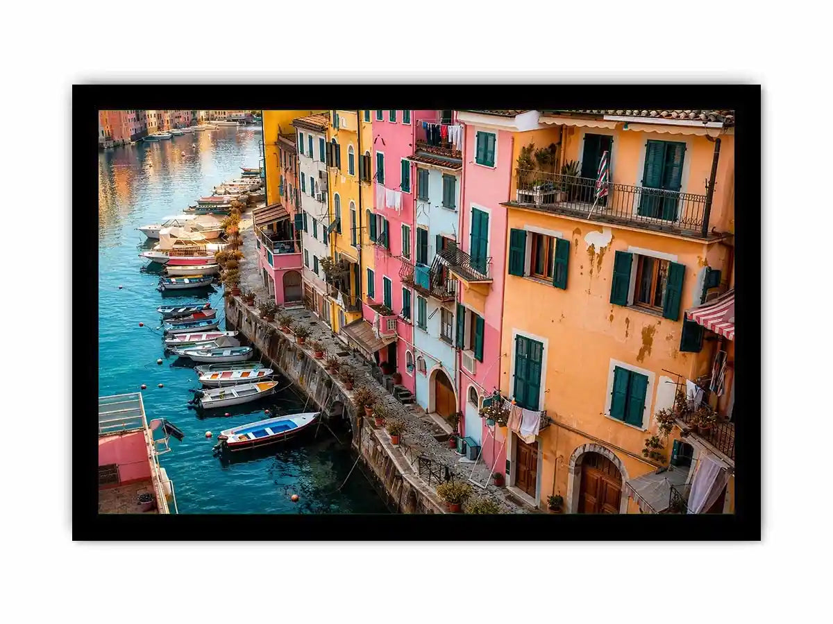 Mediterranean canal wall decor for colorful dining room interiors.