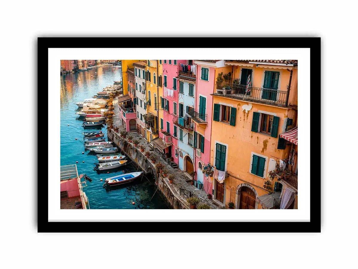 Mediterranean canal wall decor for colorful dining room interiors.