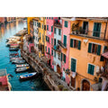 Mediterranean canal wall decor for colorful dining room interiors.