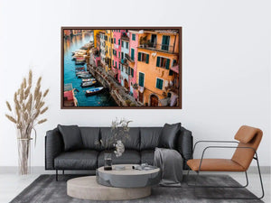 Mediterranean canal wall decor for colorful dining room interiors.