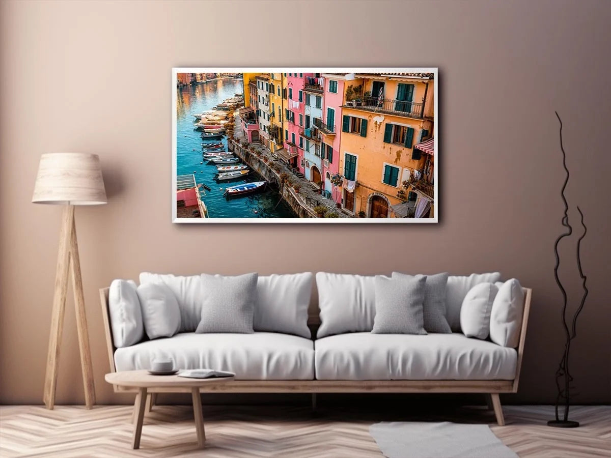 Mediterranean canal wall decor for colorful dining room interiors.