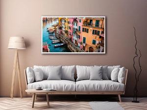 Mediterranean canal wall decor for colorful dining room interiors.