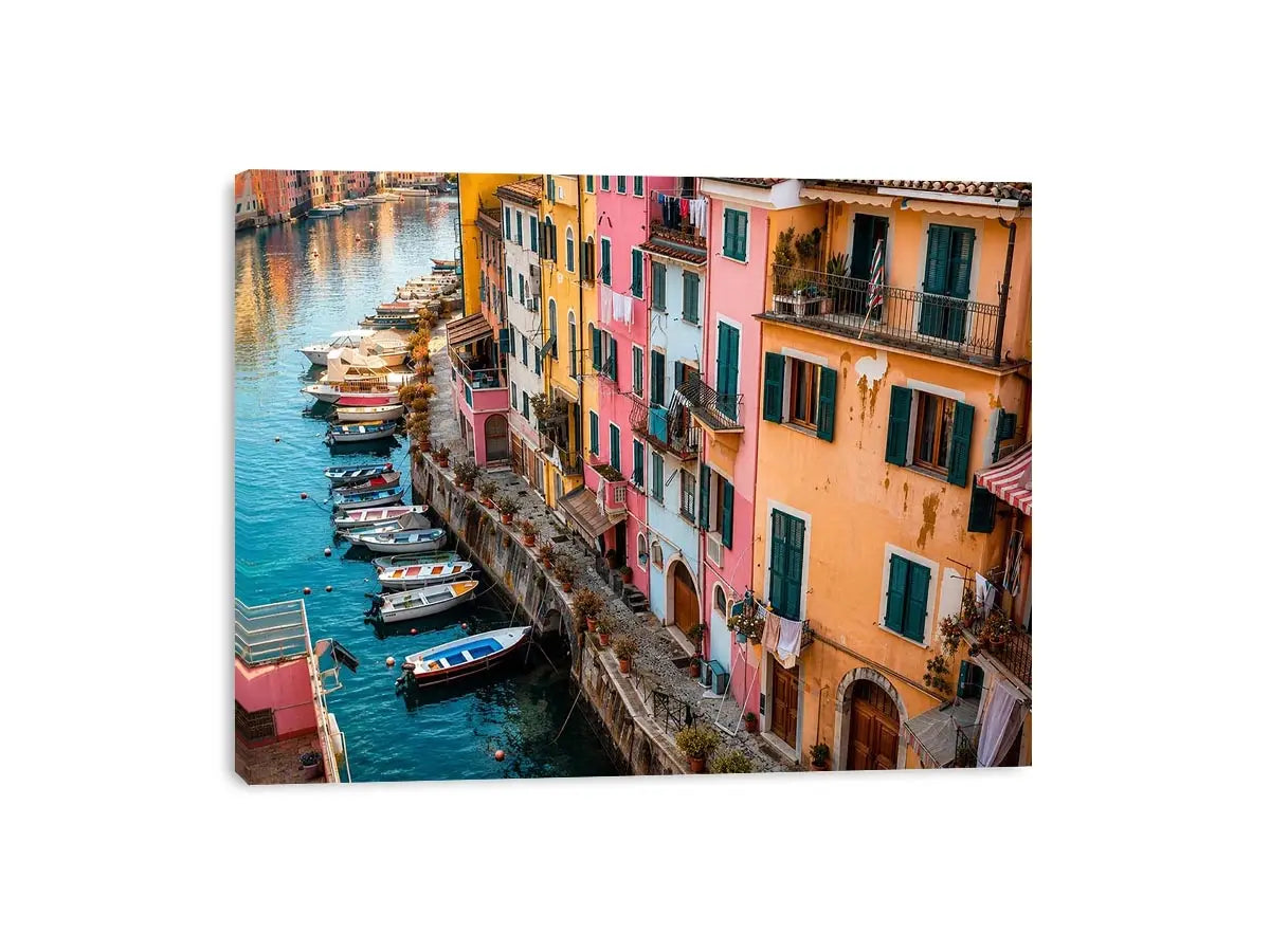 Mediterranean canal wall decor for colorful dining room interiors.