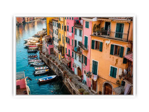 Mediterranean canal wall decor for colorful dining room interiors.