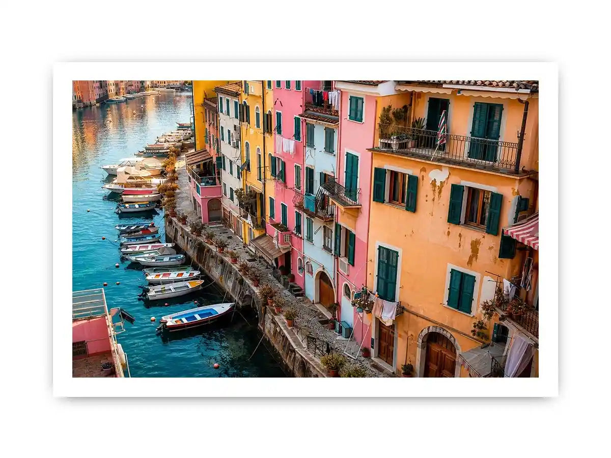 Mediterranean canal wall decor for colorful dining room interiors.