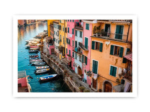 Mediterranean canal wall decor for colorful dining room interiors.