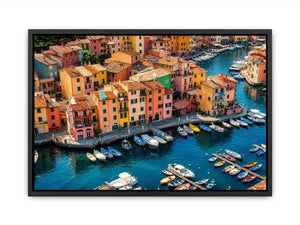 Colorful coastal town artwork for modern apartment and dining room decor.