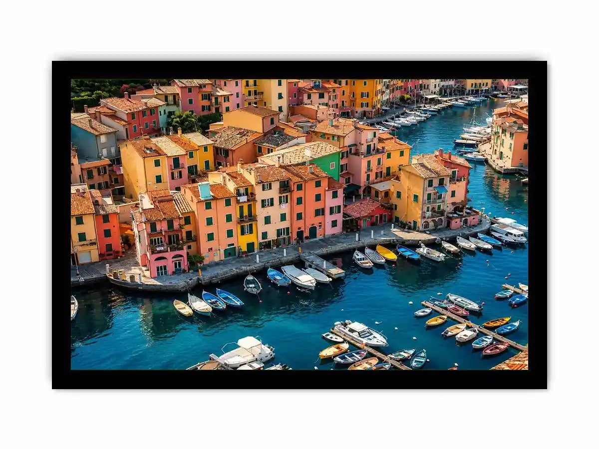 Colorful coastal town artwork for modern apartment and dining room decor.