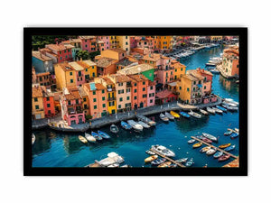 Colorful coastal town artwork for modern apartment and dining room decor.