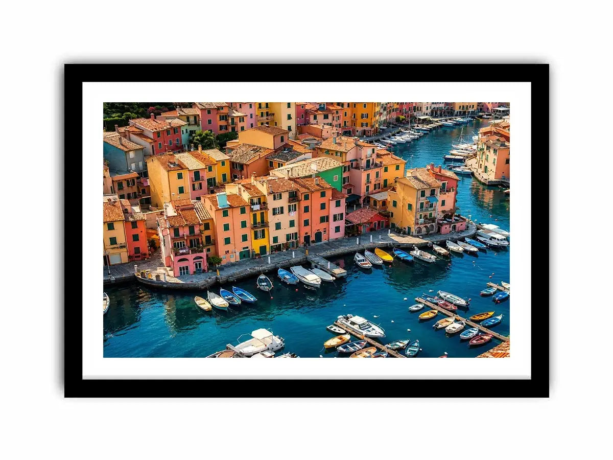 Colorful coastal town artwork for modern apartment and dining room decor.