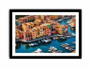 Colorful coastal town artwork for modern apartment and dining room decor.