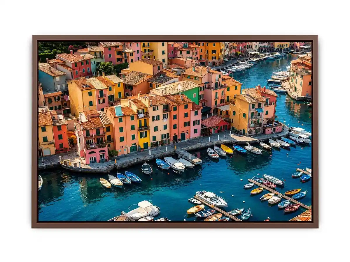 Colorful coastal town artwork for modern apartment and dining room decor.
