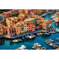 Colorful coastal town artwork for modern apartment and dining room decor.