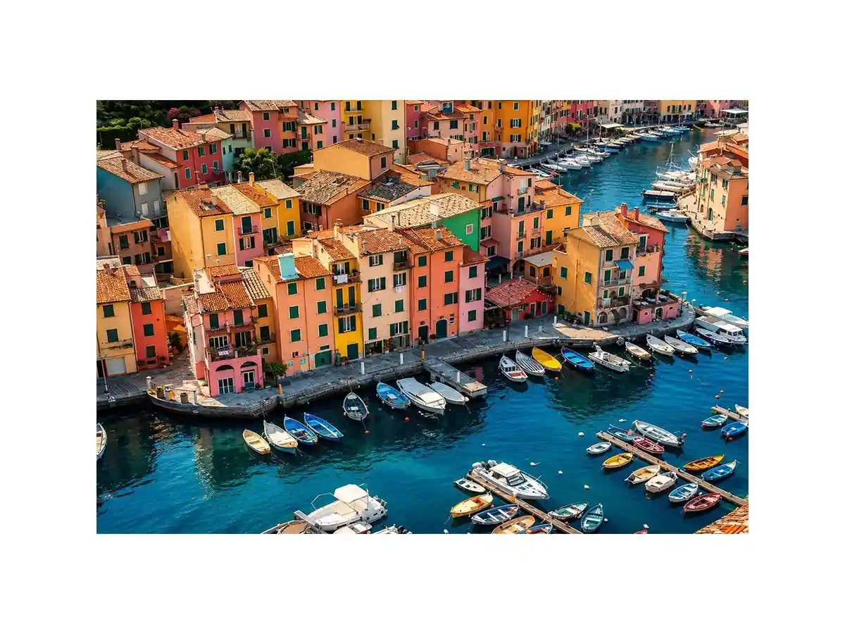 Colorful coastal town artwork for modern apartment and dining room decor.