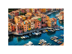 Colorful coastal town artwork for modern apartment and dining room decor.