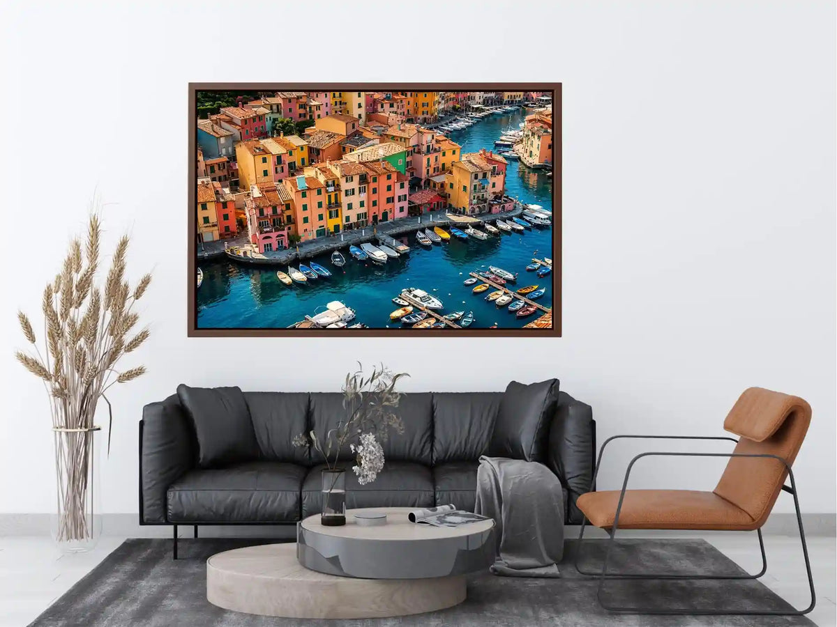 Colorful coastal town artwork for modern apartment and dining room decor.