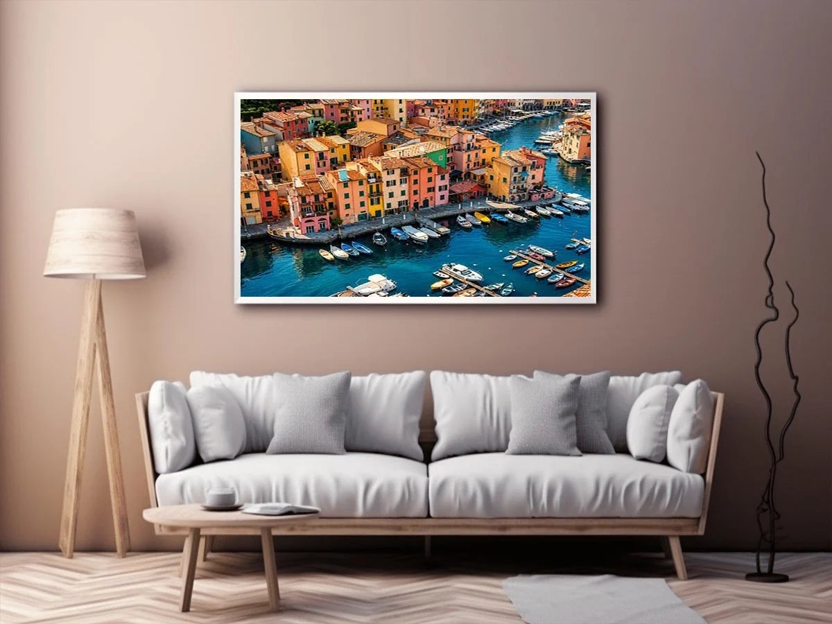 Colorful coastal town artwork for modern apartment and dining room decor.
