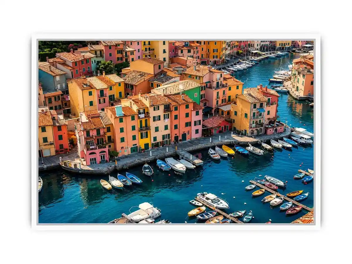 Colorful coastal town artwork for modern apartment and dining room decor.