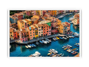 Colorful coastal town artwork for modern apartment and dining room decor.