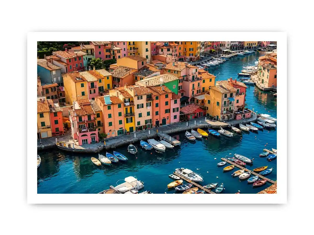 Colorful coastal town artwork for modern apartment and dining room decor.