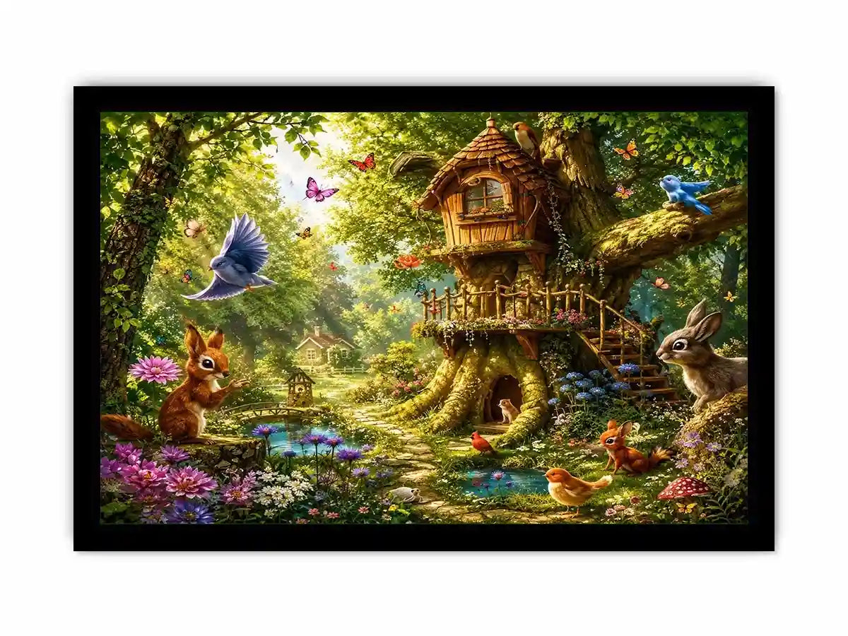 Whimsical forest canvas art with treehouse for kids bedroom decor.