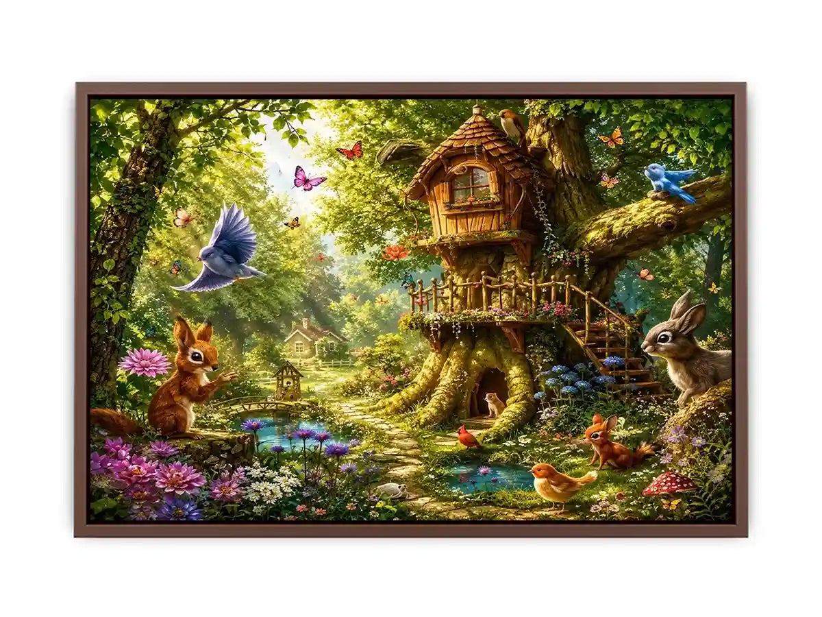 Whimsical forest canvas art with treehouse for kids bedroom decor.