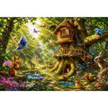 Whimsical forest canvas art with treehouse for kids bedroom decor.