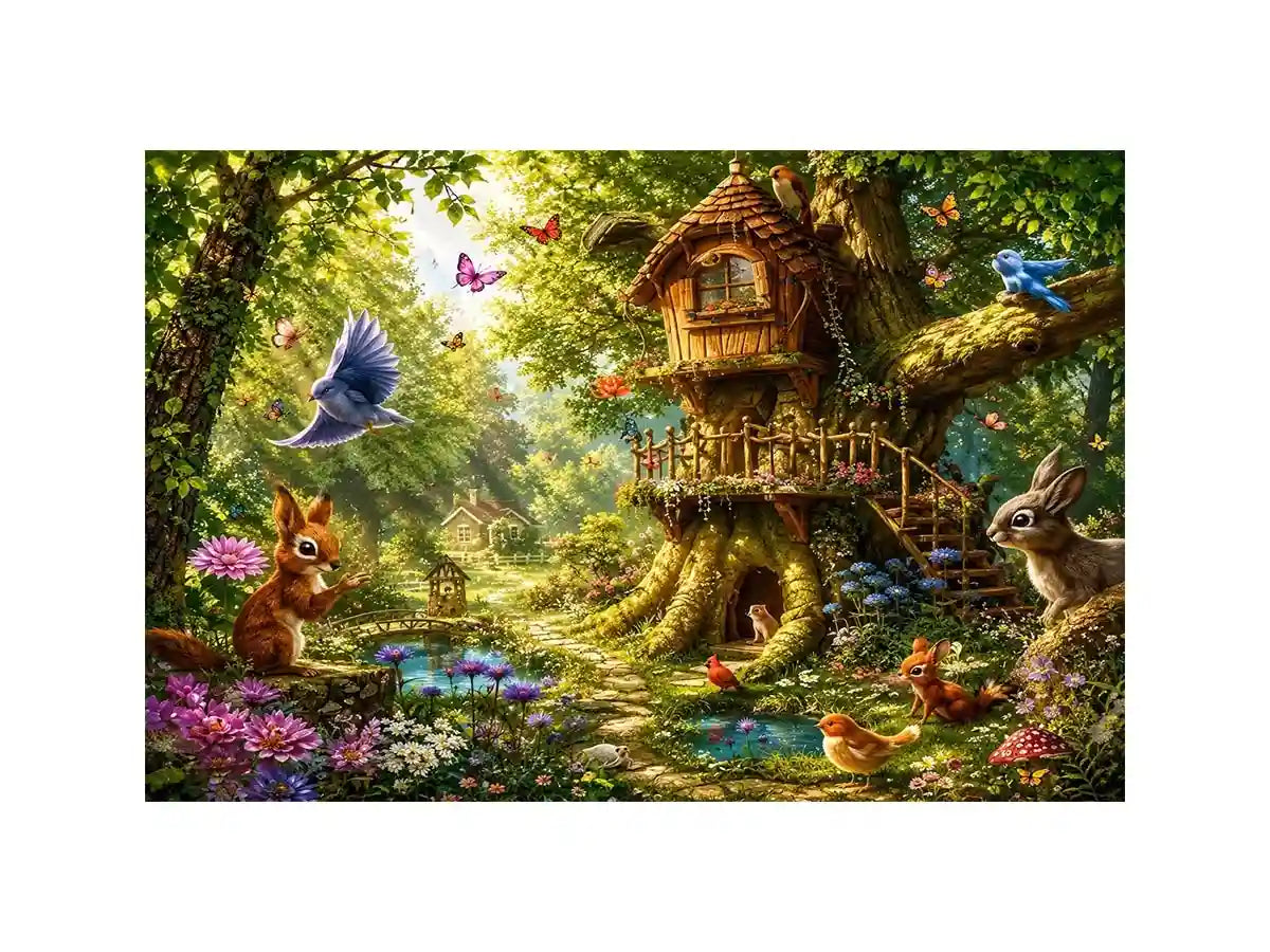 Whimsical forest canvas art with treehouse for kids bedroom decor.