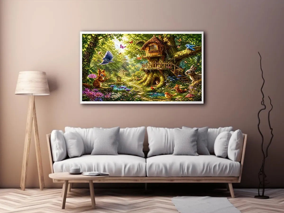 Whimsical forest canvas art with treehouse for kids bedroom decor.