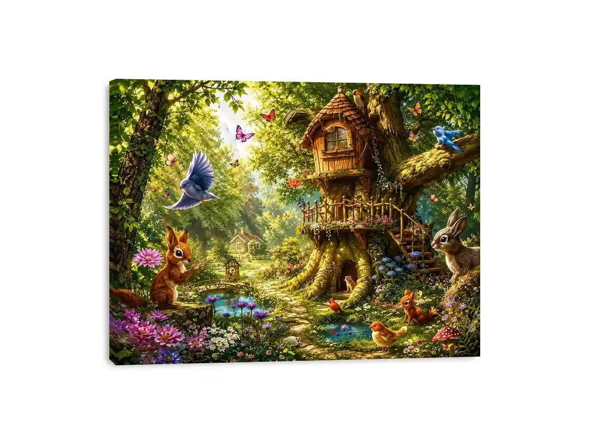 Whimsical forest canvas art with treehouse for kids bedroom decor.