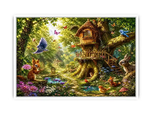 Whimsical forest canvas art with treehouse for kids bedroom decor.