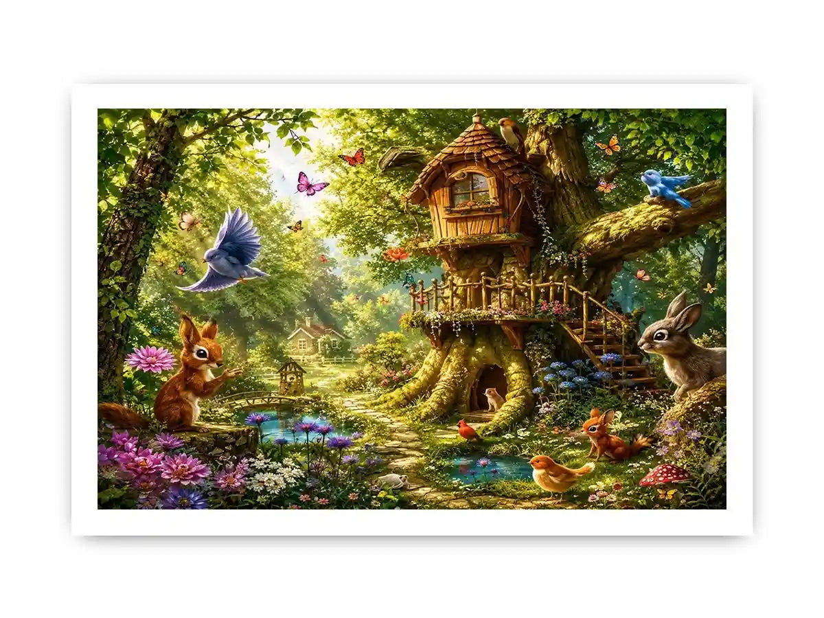 Whimsical forest canvas art with treehouse for kids bedroom decor.